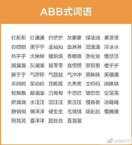 成语词语汇总：AABC、ABCC、AABB、ABAB、ABAC、AAB、ABB七种形式……