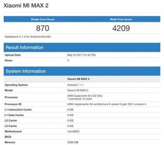 ​小米Max 2跑分现身Geekbench 配置曝光